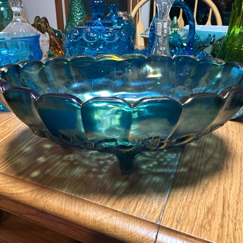 Indiana Blue Carnival Glass Footed Bowl